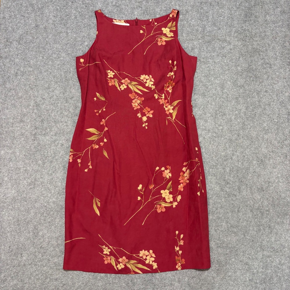 Jones New York Silk Linen Floral Sheath Dress Red Sleeveless Size 8